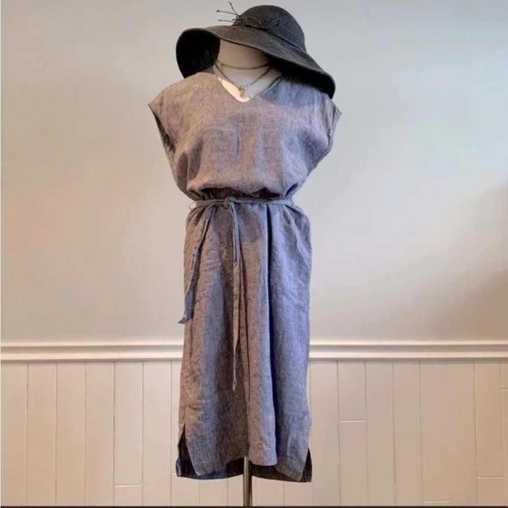 100% Linen Adrienne Vittadini Blue Dress Waist Tie MIDI Dress size Large